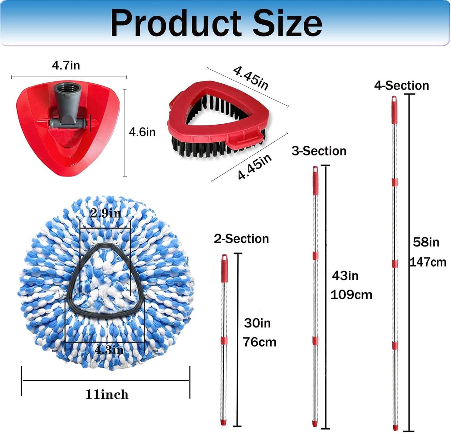 Spin Mop Replace Heads for O Cedar Rinse Clean 2 Tank System, Spin Mop Replacement Head 4 Microfiber Mop Refills, 1 Triangle Head Cover and 30-58in Handle 1 1Scrub Brush