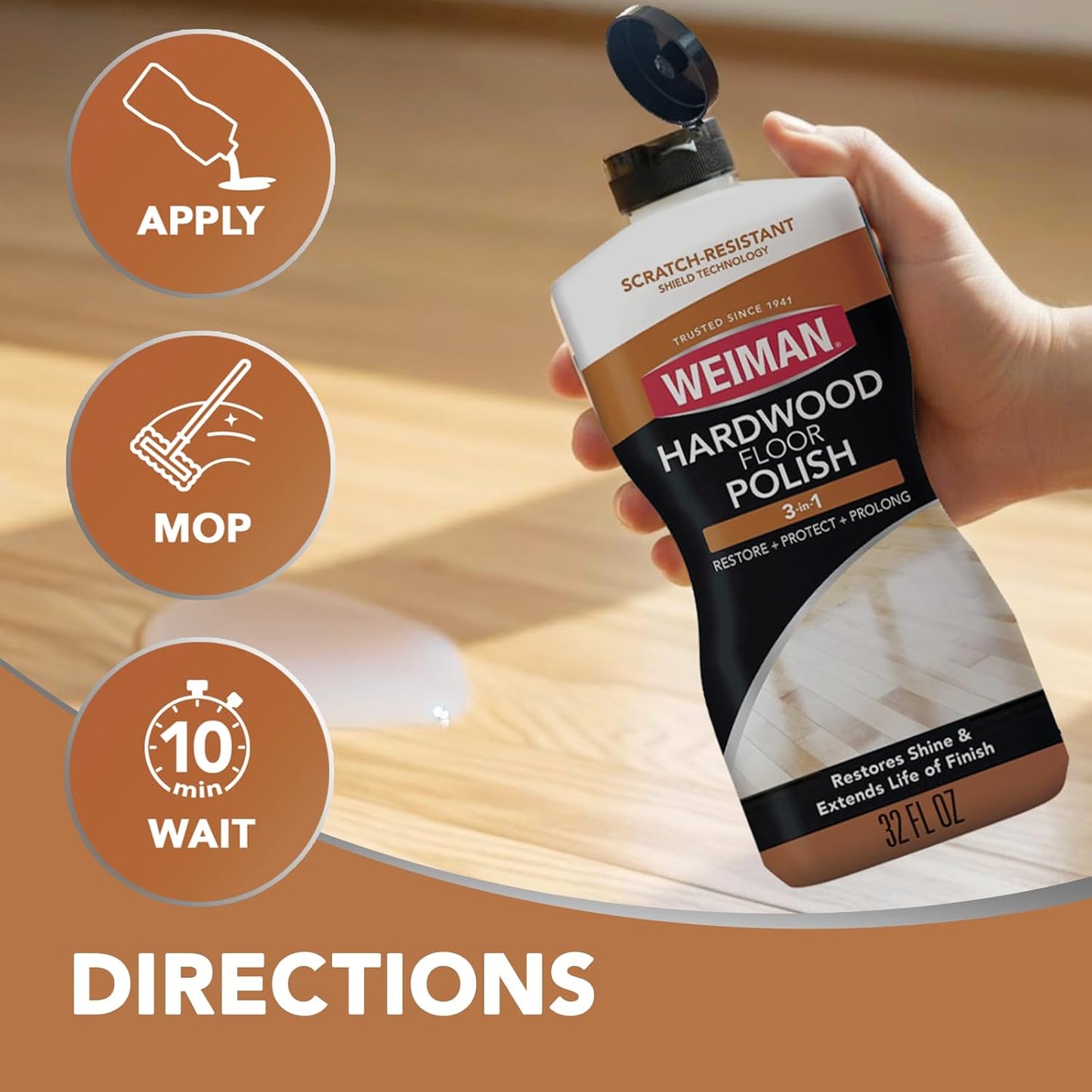 Weiman Wood Floor Polish and Restorer - 32 Ounce - High-Traffic Hardwood Floor, Natural Shine, Removes Scratches, Leaves Protective Layer, Packaging May Vary