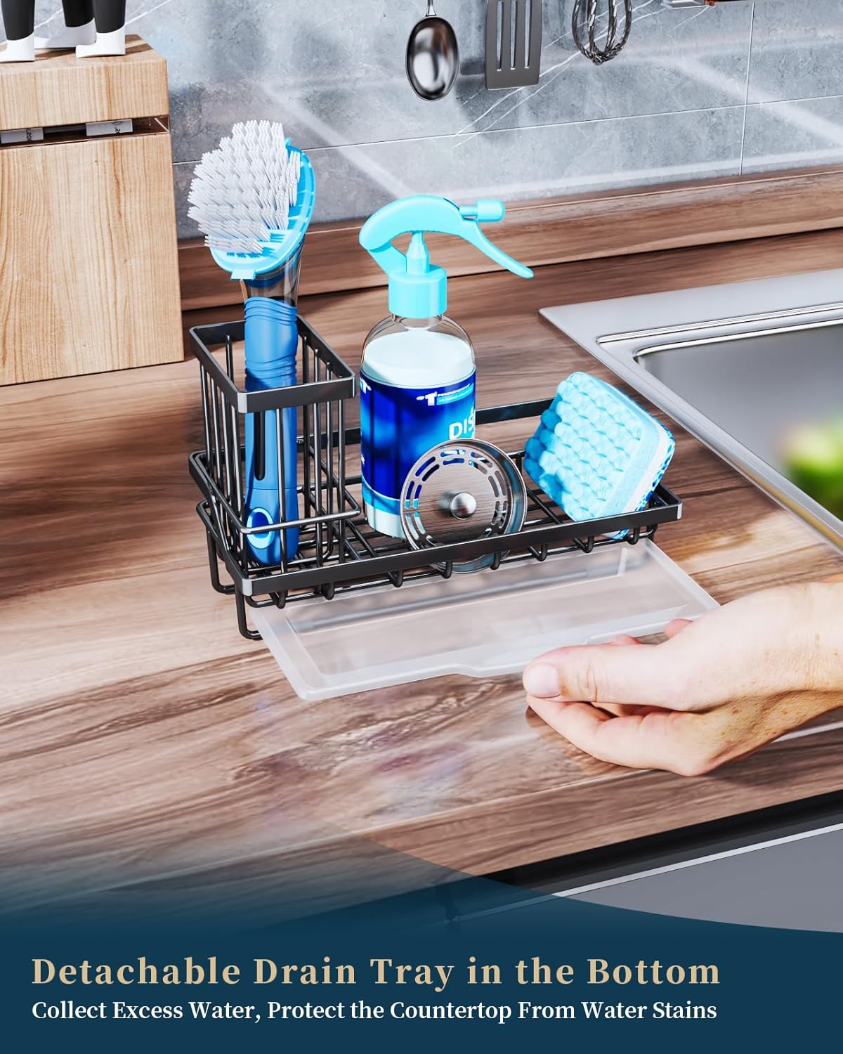 Consumest Sink Caddy, Kitchen Sponge Holder with Dish Brush Holder, Kitchen Organizer with Drip Tray for Countertop, Stainless Steel Rustproof - Silver