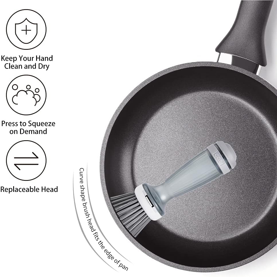 CQT Dish Brush with Soap Dispenser – One-Press Suds, Built-in Scrubbing Pad, Non-Slip Handle for Pots, Pans & Non-Stick Cookware – Includes 2 Refill Heads