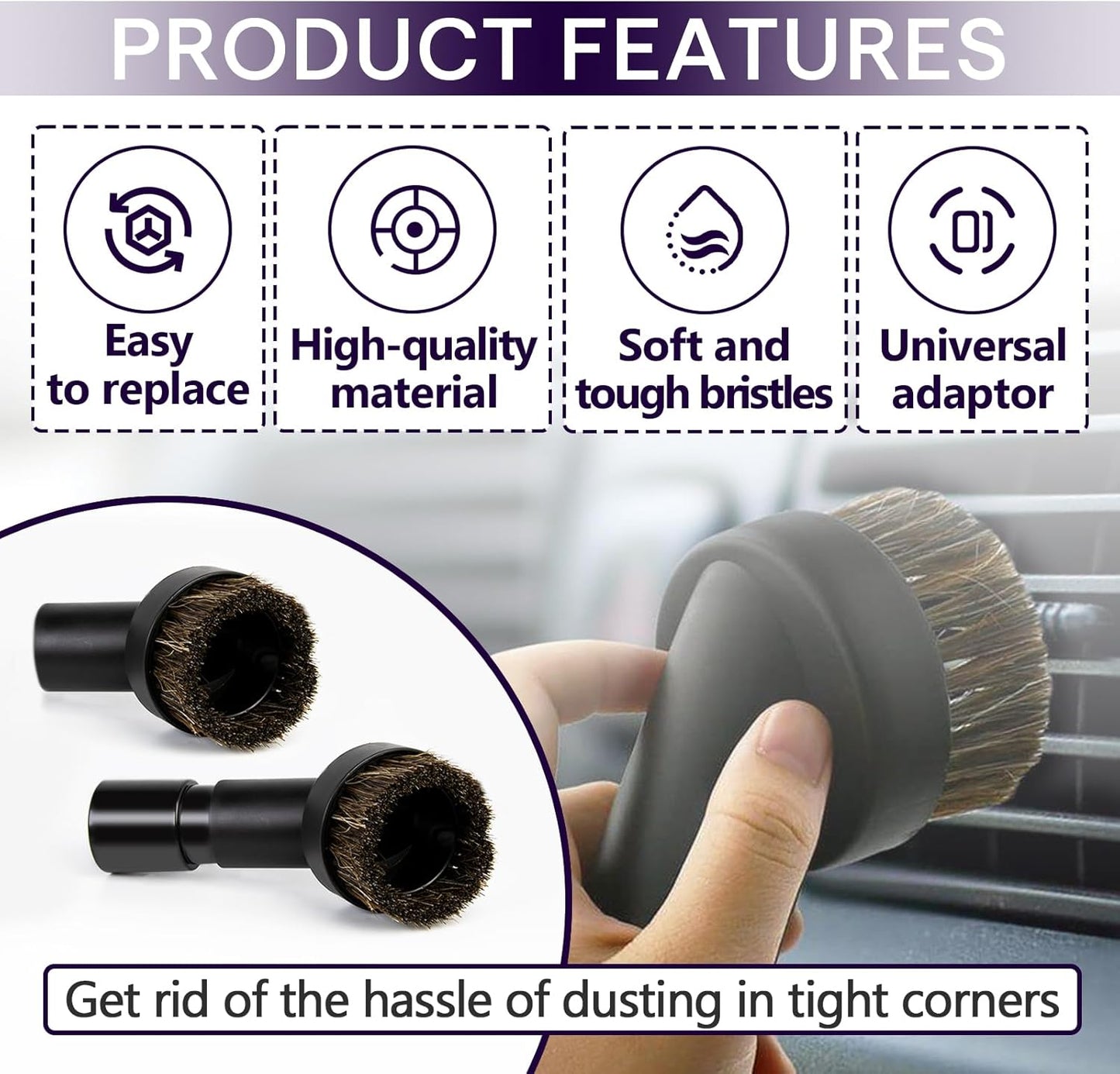 3PCS Horse Hair Brush Vacuum Attachment Set - Black Round Horse Hair Vacuum Attachments & Brushes - Shop Vac Brush Attachment for Most Vacuum Cleaners Accessories - 1 1/4" Vacuum Attachments Included