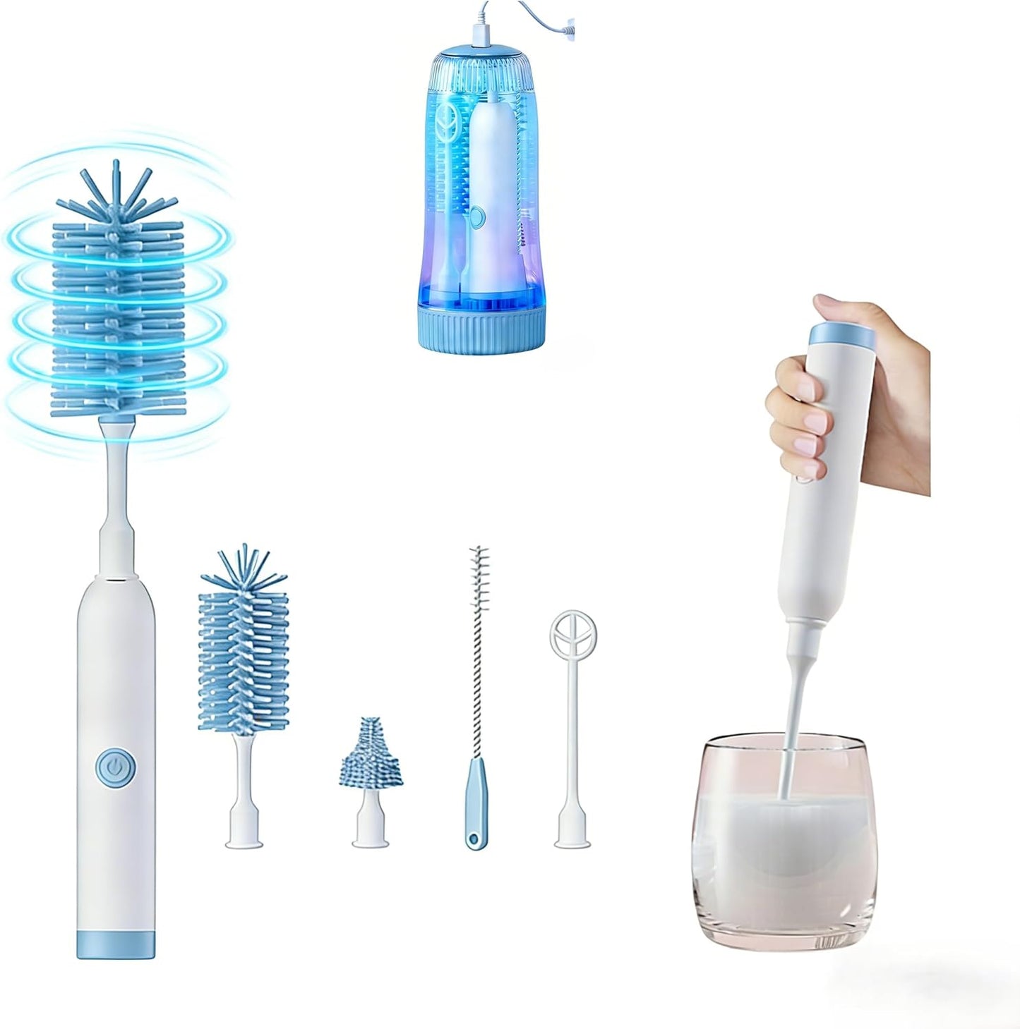 Portable Electric Silicone Bottle Brush Set, 7-in-1 UV Light USB Charging, Nipple/Straw Cleaner, Milk Mixer, Built-in Drying Rack & Storage Case, BPA-Free, IPX7, On-the-Go for New Parents (Mint)