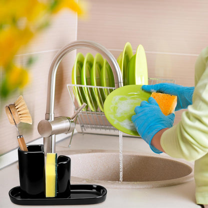 Geelin 3 in 1 Ceramic Kitchen Sink Caddy Dish Sponge Holder Scrub Brush Holder and Soap Tray for Kitchen Organizer White Rustic Farmhouse Supplies(White)