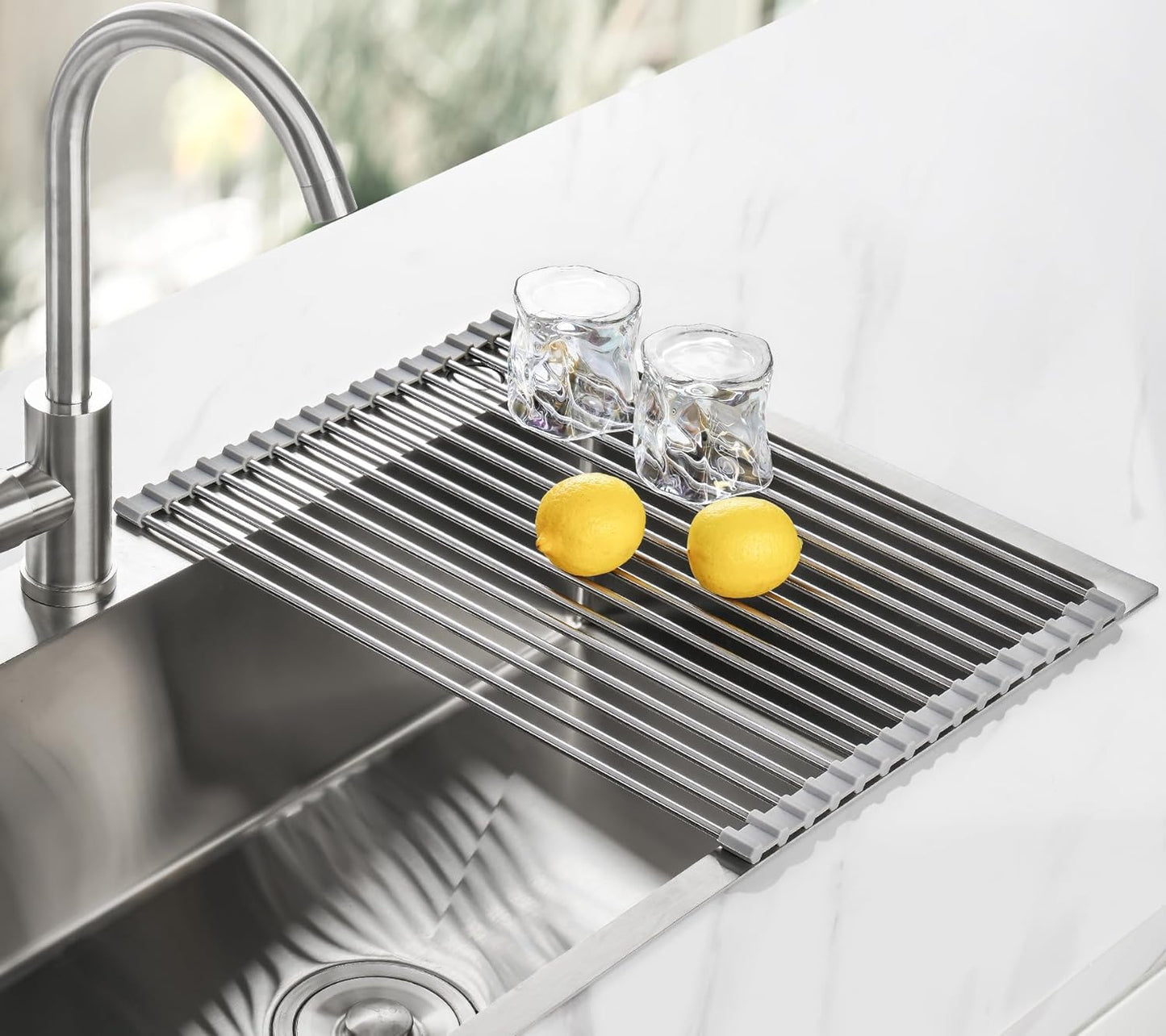 Tomorotec 17.7" x 15.5" Roll Up Dish Drying Rack Over Sink Drying Rack Sink Cover Kitchen Sink Accessories Gadget Multipurpose Organizer Foldable Stainless Steel Drainer (Grey)