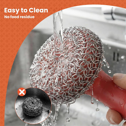 Cast Iron Scrubber with Long Handle | 316 Cast Iron Cleaner Chainmail Scrubber for Pan Skillet Cleaner - Dish Scouring Pad Dishwasher Safe Cleaning Kit (Blue, 1 Scrubber + 1 Scraper)