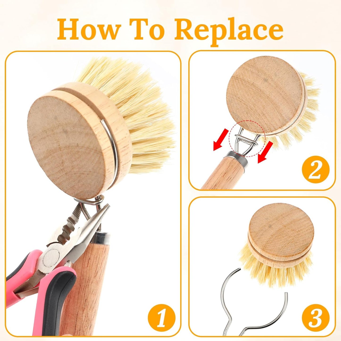 12-Piece Wooden Kitchen Dish Brush Set with One Bamboo Handle & 11 Replacement Heads, Natural Fiber Scrubber for Pots Pans Bottles Vegetables Cleaning