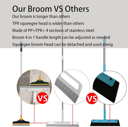 Multifunction Rubber Air Broom, Silicone Floor Squeegee with 56" Long Handle, Rubber Sweeper, Air Broom for Floor Bathroom Kitchen Shower Tile Pet Hair Fur Marble Glass Water Window Foam Clean (Grey)