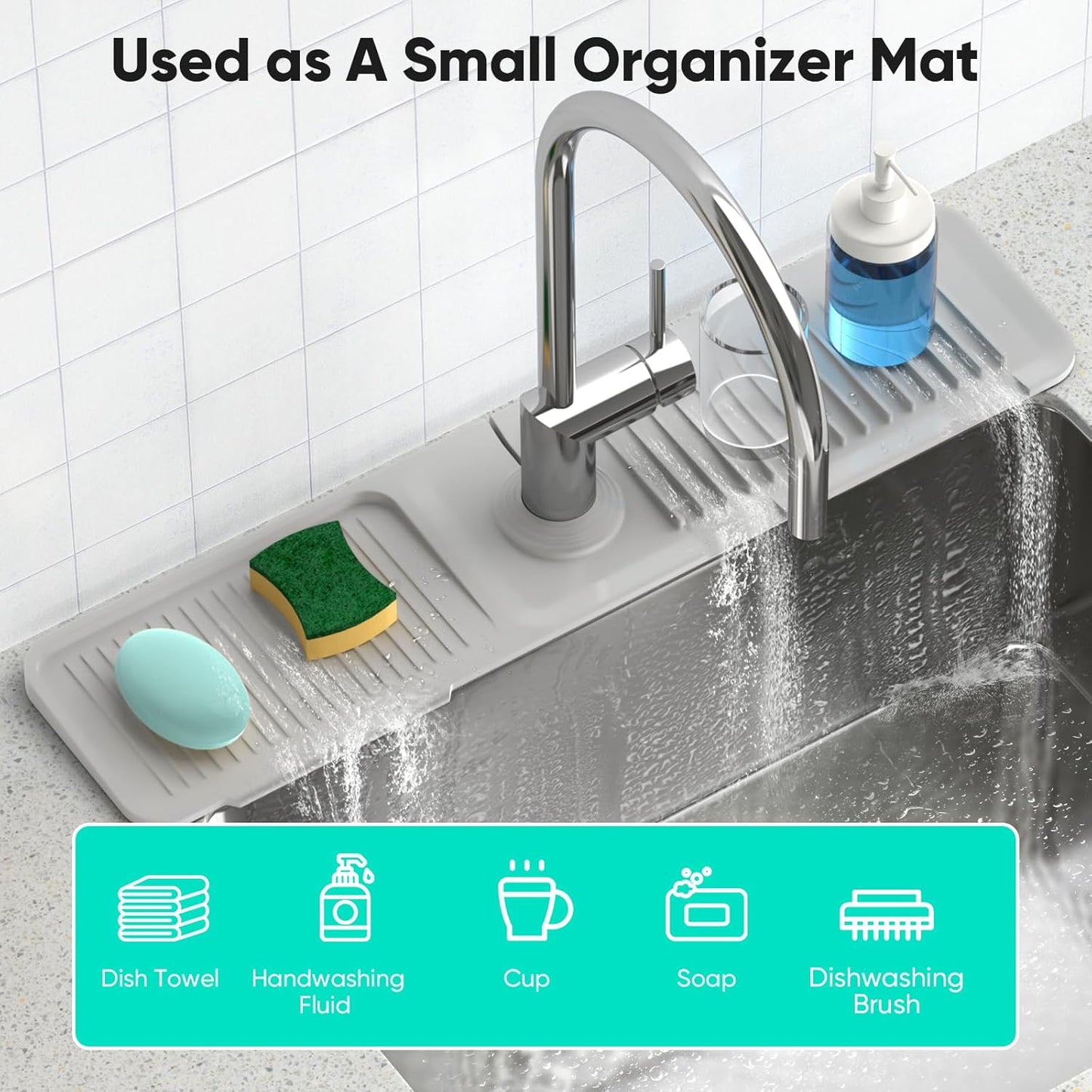 24 Inch Longer Faucet Mat for Kitchen Sink, 5° Slope Fast Self-draining, Kitchen Sink Splash Guard Silicone Sink Faucet Mat Splash Guard Kitchen Sink Area Tidy Splash Faucet Guard Draining Mat
