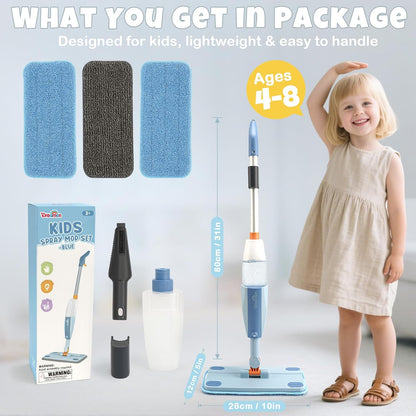 Dreamon Kids Spray Mop - Real Working Toddler Cleaning Set with Water Sprayer & 3 Washable Mop Pads & Scraper, Pretend Play Montessori Housekeeping Toys Gifts for Toddlers Kids Girls Boys(Blue)
