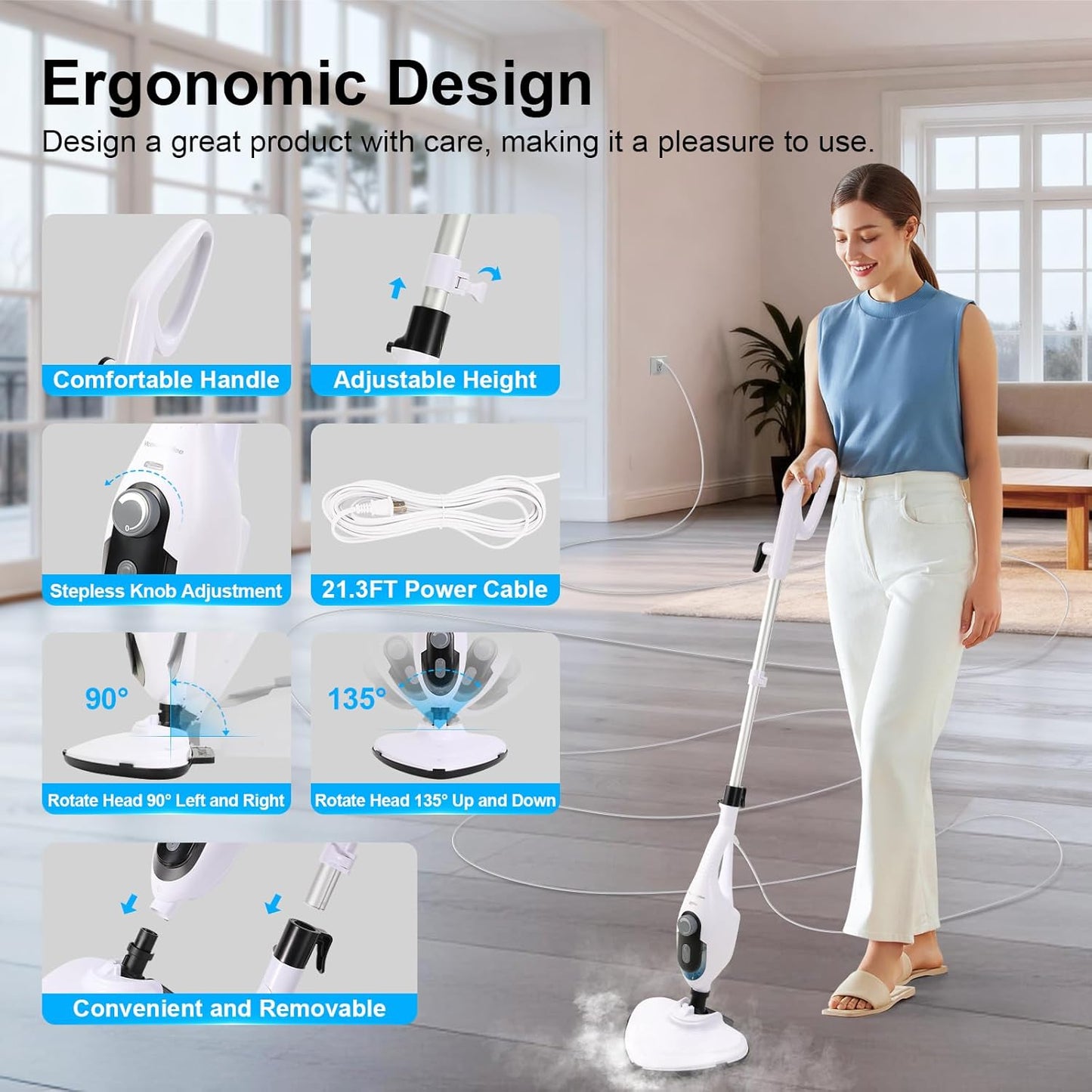 11-in-1 Steam Mop, 1550W Powerful Handheld Steam Cleaner, 260°F Multi-Functional Floor Steamer with 21.3FT Cord for Floors, Hardwood, Tiles, Grout, Windows, Kitchen, Bath, Adjustable (Grey)