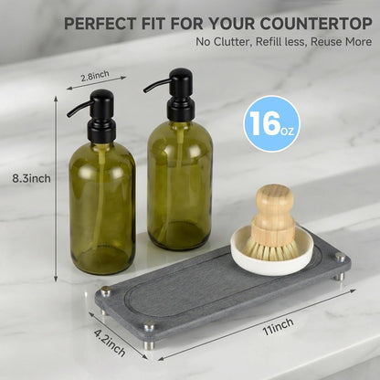2 Pack Kitchen Soap Dispenser Set - 16oz Amber Glass Dish and Hand Soap Dispenser with Stainless Steel Pump, Instant Dry Tray, Dish Brush & Holder, Refillable Countertop Sink Decor for Kitchen & Bath