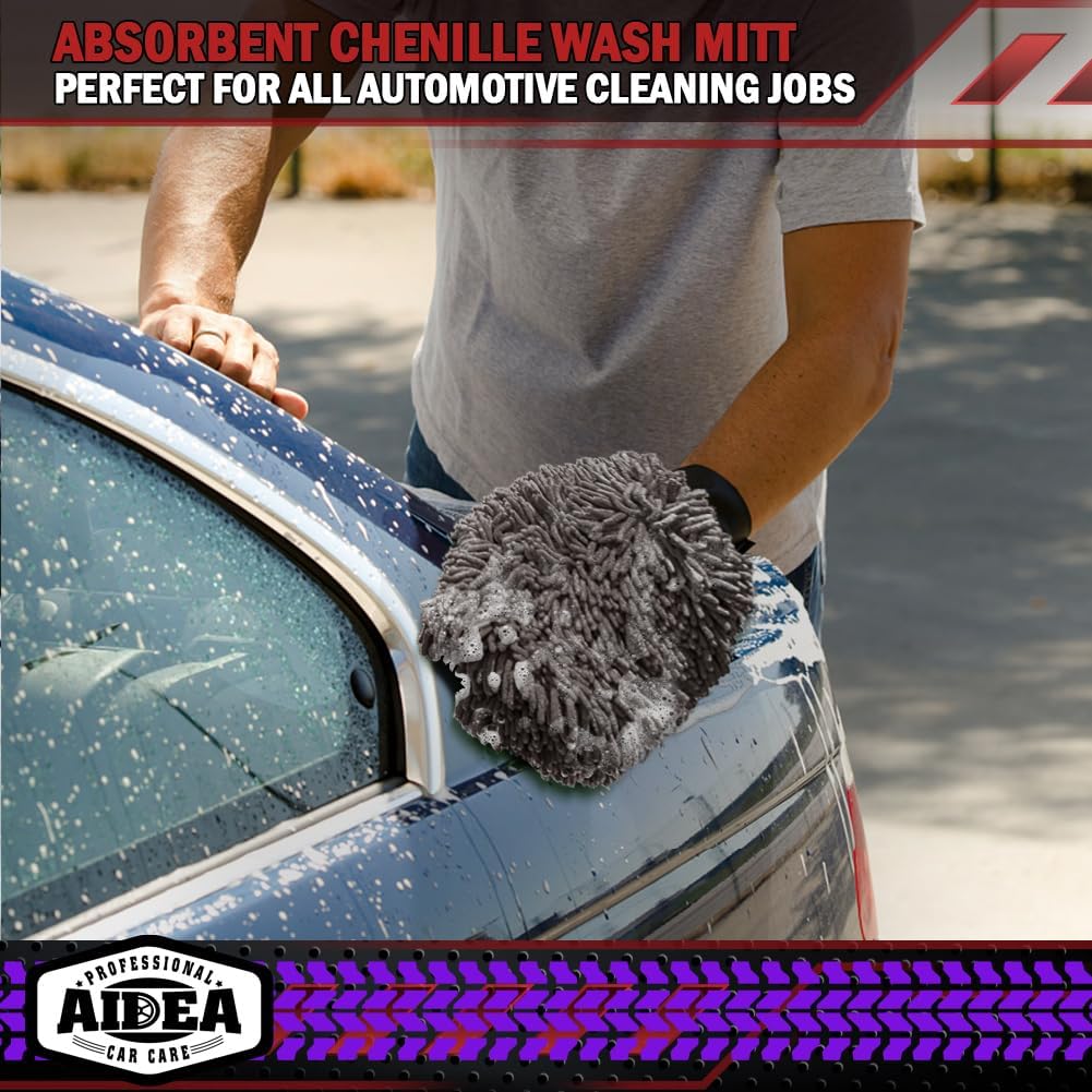 AIDEA Car Wash Mitt Microfiber, 2PK Scratch Free Lint-Free, Premium Chenille Microfiber Mitt Car Wash Brush, Green, Regular Size 7.12''X10.14''