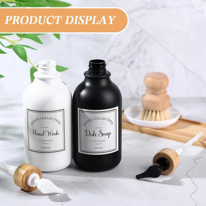 Zopeal 4 Pcs 16 oz Kitchen Soap Dispenser Set with Bamboo Tray and Dish Brush Plastic Soap Dispenser Set with Waterproof Labels for Hand Dish Lotion(Frosted Black)