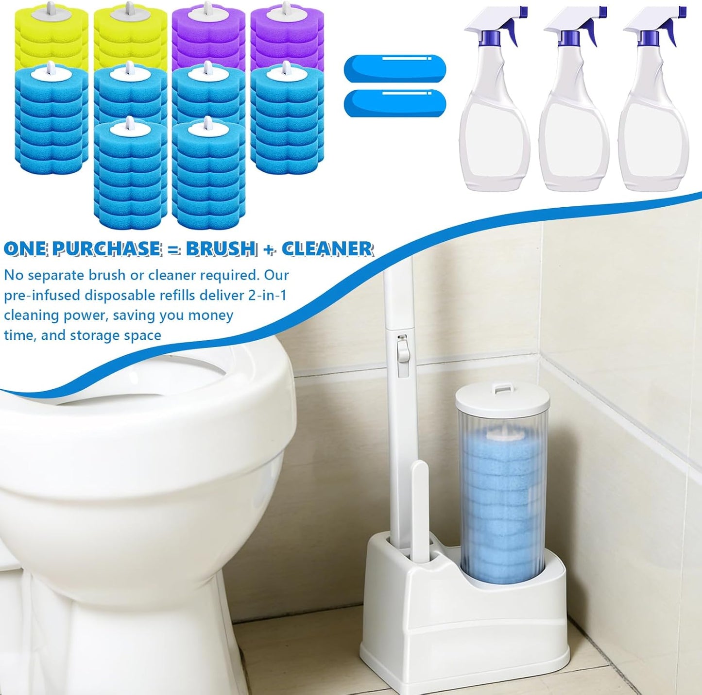 2 Pack Disposable Toilet Bowl Cleaner Wand and Holder Set, Toilet Brush Disposable with 48 Cleaner Refills Extended Handle for Toilet Bowl Cleaners Disposable, Bathroom Cleaning, Bathtub