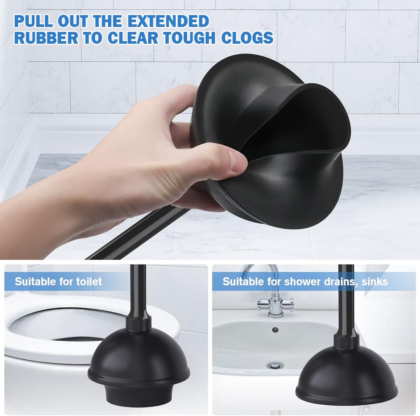 Toilet Plunger and Brush Set, Silicone Toilet Brush and Plunger with Holder for 5.7-inch Toilet Drain, 2-in-1 Toilet Brush Plunger Combo with Caddy Stand (Black)