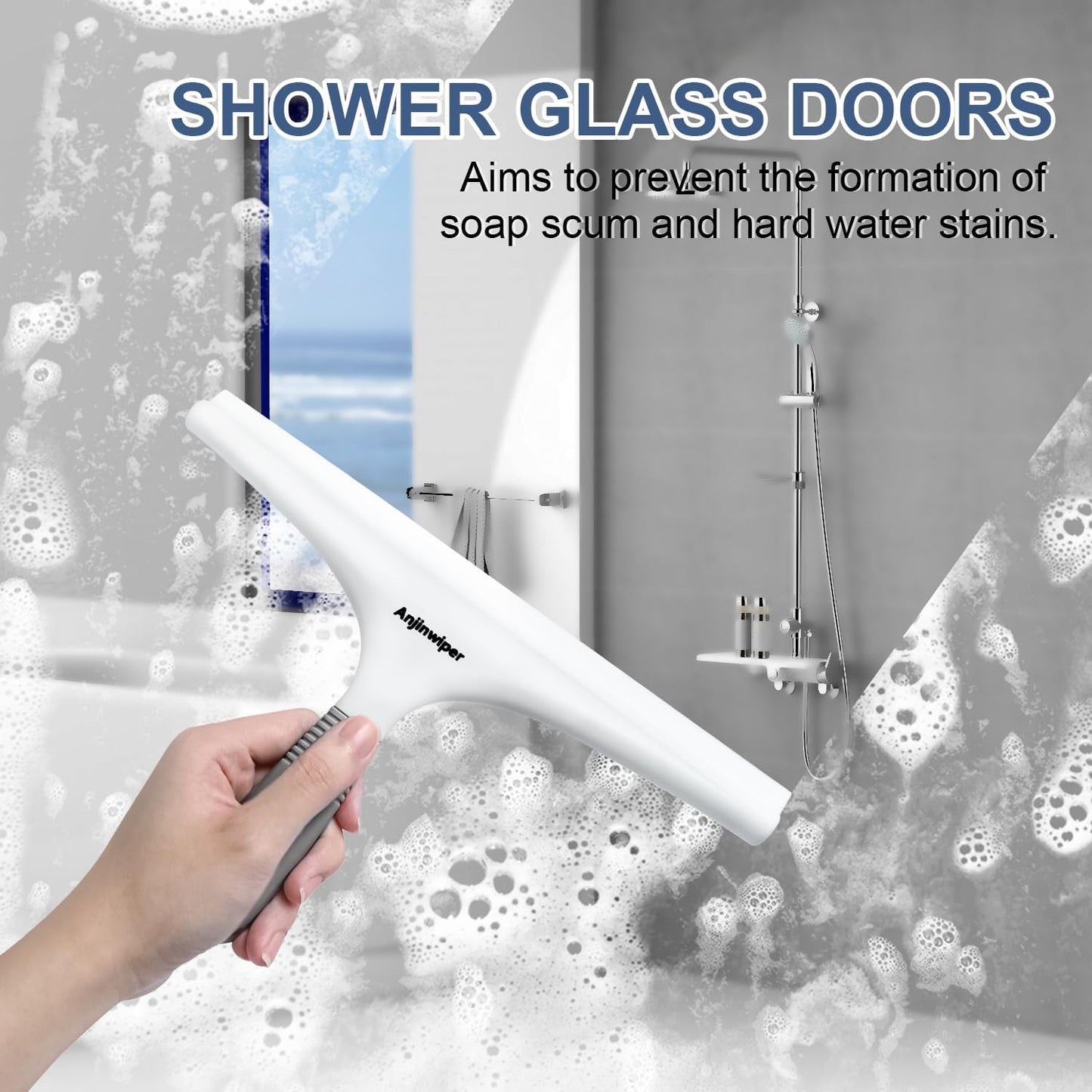 Silicone Shower Squeegee with Hook, Bathroom Squeegee for Shower Glass, Squeegee for Shower Doors, Mirror and Window, Shower Squeegee for Tile Shower Walls(10 inch, White & Gray)