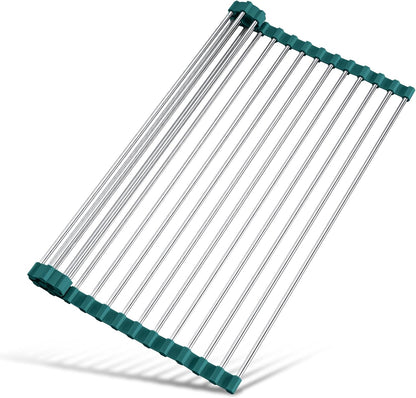 Tomorotec 17.7" x 15.5" Roll Up Dish Drying Rack Over Sink Drying Rack Sink Cover Kitchen Sink Accessories Gadget Multipurpose Organizer Foldable Stainless Steel Drainer (Grey)