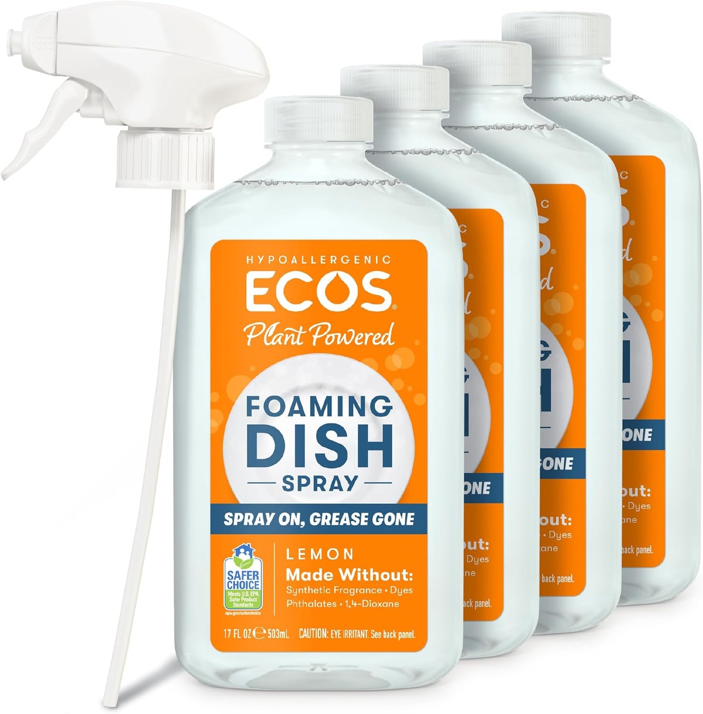 ECOS Foaming Dish Soap, Powerful Spray-On Formula, Saves Water, Wipe & Rinse Dish Cleaner - Hypoallergenic - Free & Clear, 17 Fl Oz (Pack of 4)