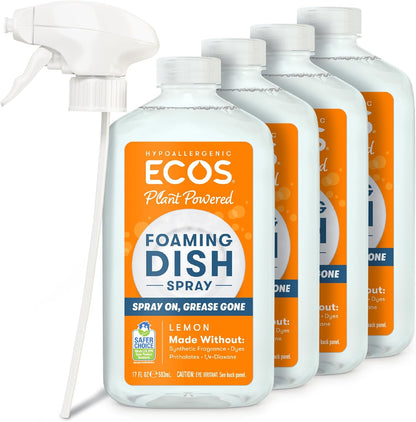 ECOS Foaming Dish Soap, Powerful Spray-On Formula, Saves Water, Wipe & Rinse Dish Cleaner - Hypoallergenic - Free & Clear, 17 Fl Oz (Pack of 4)