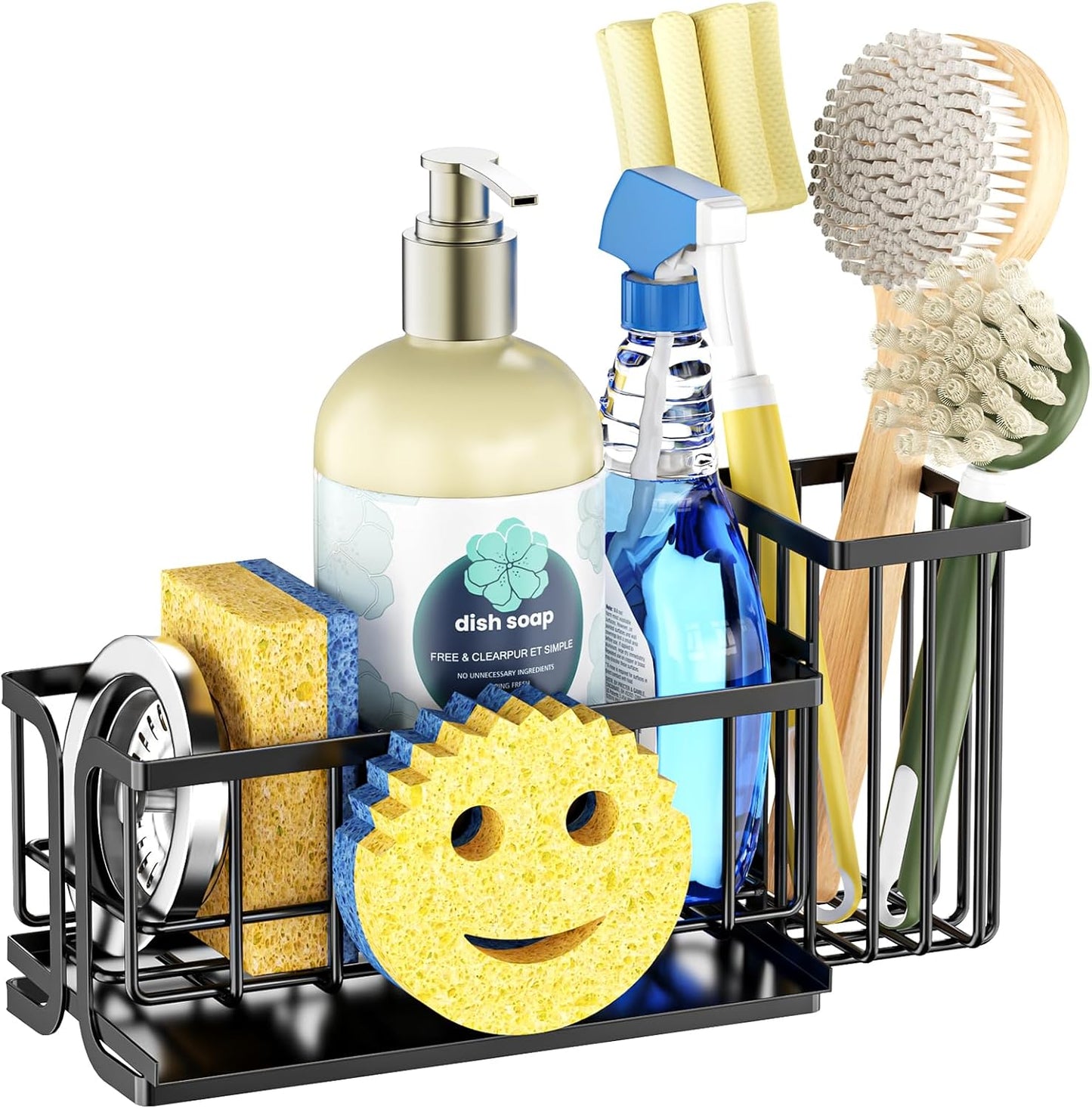 Sponge Holder for Kitchen Sink with Suction Cups & Adhesive Hook, Rustproof In-Sink Sponge Holder, Space-Saving Wall Hanging Sink Caddy Organizer Rack - Sponge, Dish Cloth, Brush - Stainless Steel