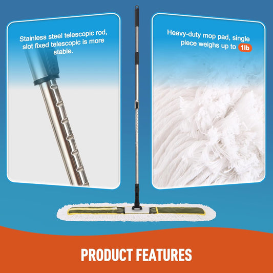 CLEANHOME 36" Commercial Dust Mop for Hardwood Floors, Tile, Laminate & Concrete - Heavy Duty Industrial Mop with Telescopic Handle, 2 Washable Microfiber Pads, Cleaning for Home, Warehouse, Office