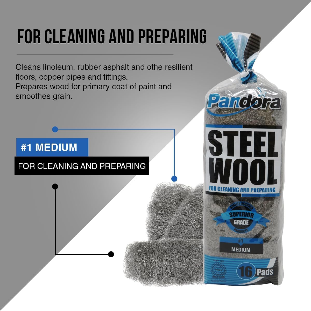 Pandora Steel Wool #2 – Coarse Grade, 16 Pads for Cleaning and Removing - Quality Metal Strands - Ideal to Remove Floor Scuff Marks and Old Wax