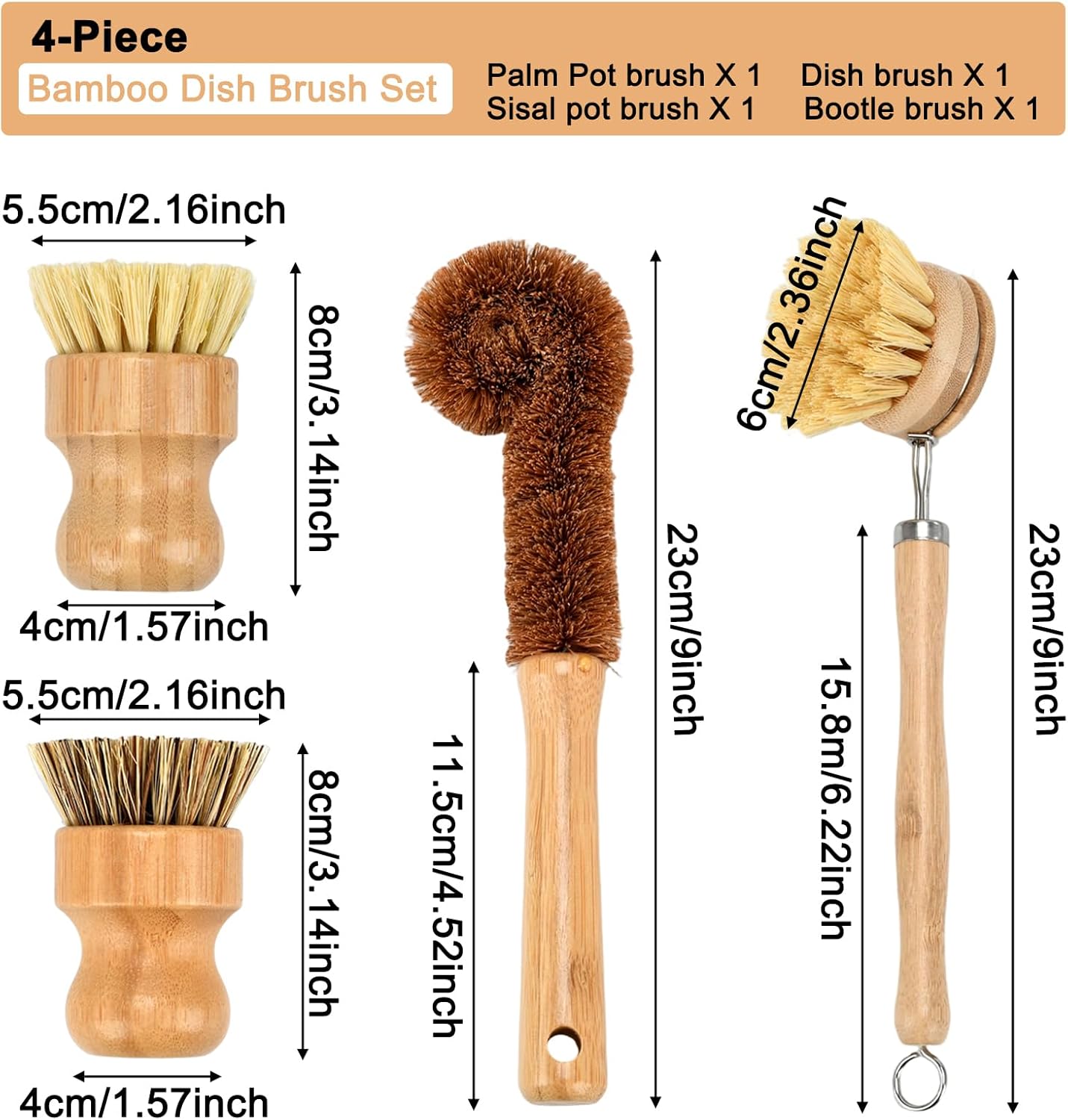 4 Piece Bamboo Dish Brush Set - Bamboo Dish Bottle Brush with Sisal, Dish Scrubber for Kitchen Cleaning Dishes, Pots, Pans