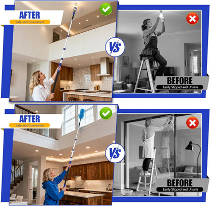 20FT Light Bulb Changer for High Ceilings with 5-12FT Heavy Duty Extension Pole,High Ceiling Fan Duster Extendable Reusable Cobweb,Feather,Window Cleaning Squeegee Kit for Home & House,Interior Roof