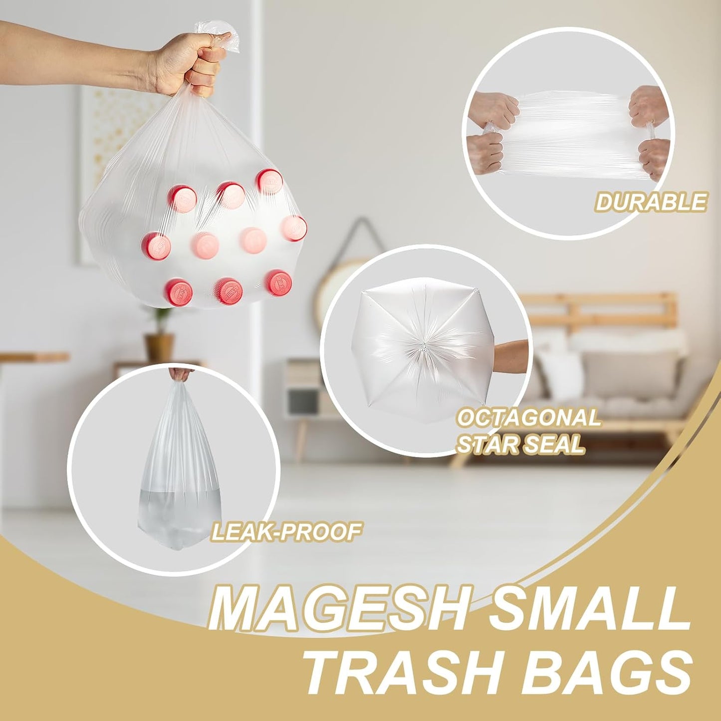 Magesh 4 Gallon Trash Bag Strong, Leakage-Free, Small Garbage Bags Unscented Thick for Bathroom, Office, Kitchen Small Trash Can, 15L, 105 Bags, Clear
