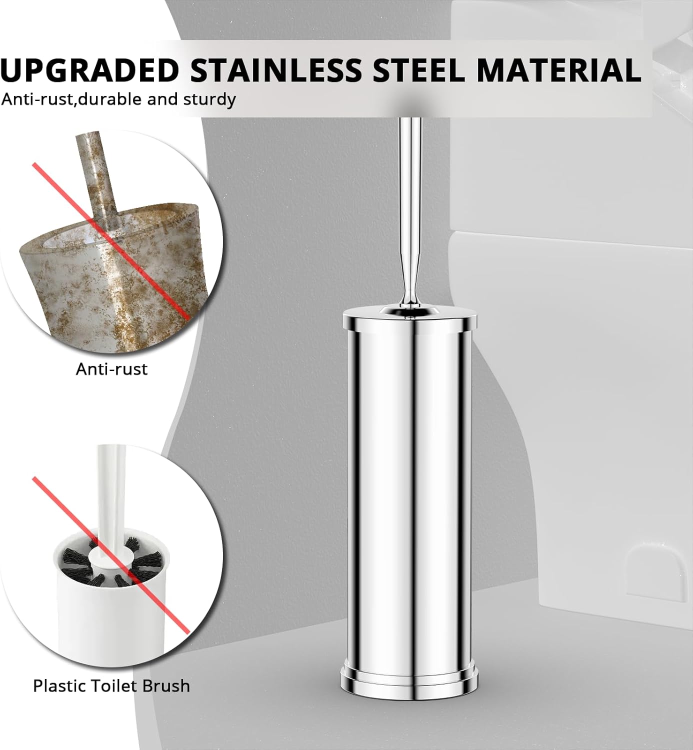 Premium 304 Stainless Steel Toilet Brush and Holder: Weighted Stable Base, Removable Inner Tube, Splash-Proof Design for 360° Thorough Cleaning & Space-Saving Storage,Nickel
