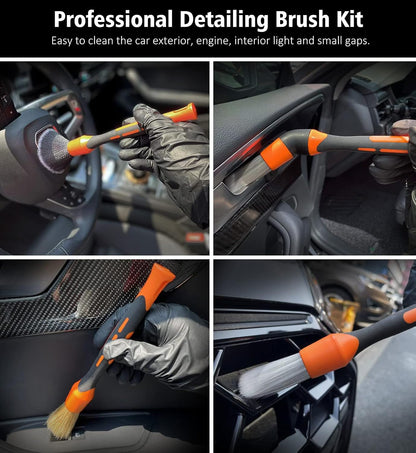 YeewayVeh 3pcs Car Detailing Brush Set, Boars Hair Detailing Brushes, Ultra Soft Detail Brush for Air Vent Leather Seat, Scratch Free Car Detailing Brushes for Interior Exterior, Orange