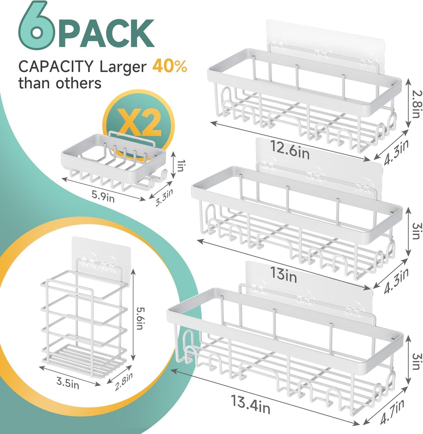 Veken Shower Caddy 6-Pack, Advanced Rustproof Design, No Drilling Adhesive Shelves, Rack with Soap Holder, Large Capacity Bathroom Organizers and Storage, Wall-Mounted, Gifts for Women Mom