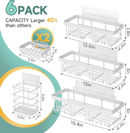Veken Shower Caddy 6-Pack, Advanced Rustproof Design, No Drilling Adhesive Shelves, Rack with Soap Holder, Large Capacity Bathroom Organizers and Storage, Wall-Mounted, Gifts for Women Mom