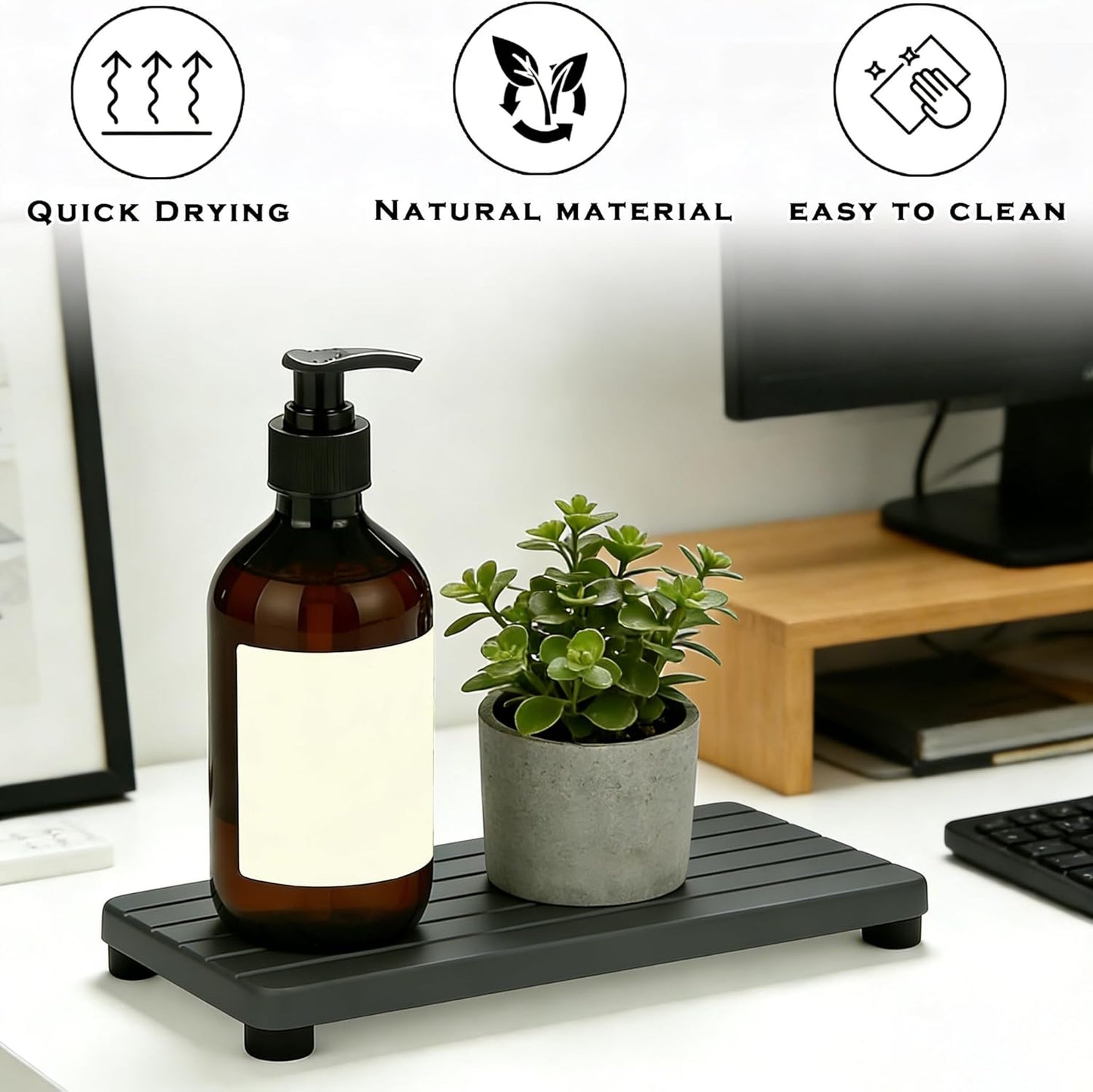 Instant Dry Sink Tray, Anti-Slip Stone Sink Caddy, Durable Kitchen Sink Organizer, Quick Dry Water Absorbing Stone Tray for Bathroom Counter, Stone Soap Tray -Dark Gray