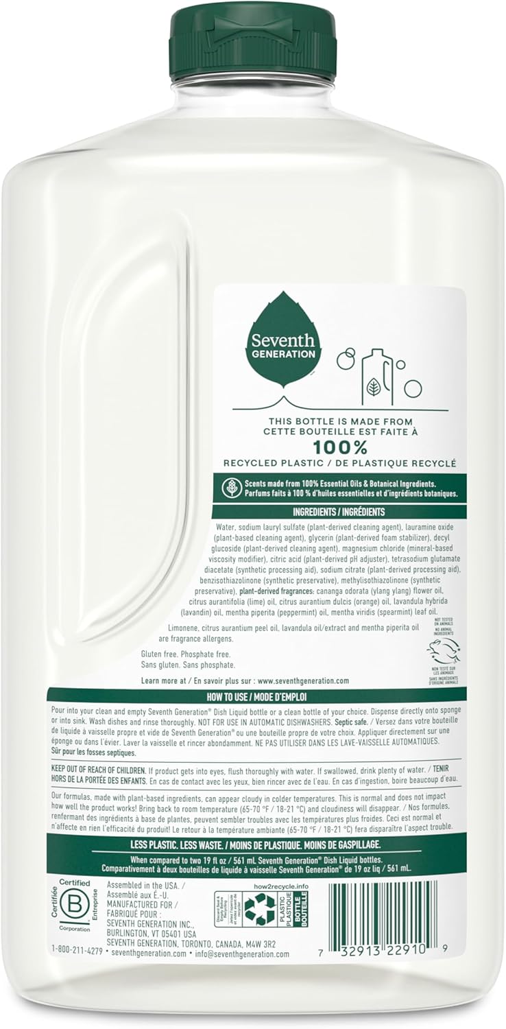 Seventh Generation Dish Soap Refill, Free & Clear, 50 fl oz, 3 Pack, Plant-Based Dishwashing Liquid for Grease & Tough Food Messes, For Sensitive Skin