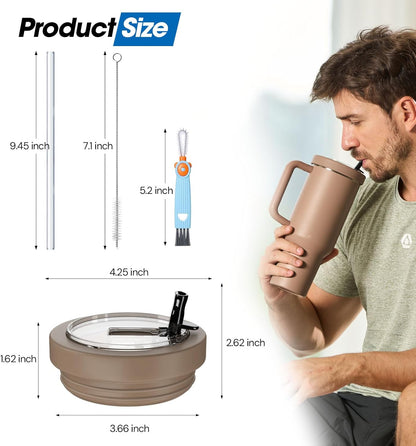 40 Oz Tumbler Flip Straw Lid Compatible with Stanley Quencher Cup, Anti Spill Replacement Cup Covers, Durable Silicone Leak Proof Lids with Cleaning Brush Set for Travel Storage
