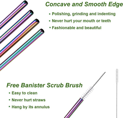 VEHHE Metal Straw Stainless Steel Straws Drinking Reusable Straws 4 Set -10.5" Ultra Long Rainbow Color-Cleaning Brush for 20/30 Oz for Yeti RTIC SIC Ozark Trail Tumblers (2 Straight|2 Bent|1 Brush)