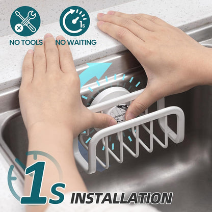 TAILI 4-in-1 Sink Caddy with Strong Suction Cup, Sponge Holder for Kitchen Sink Organizer, Removable, Rustproof, Stainless Steel Holder for Sponge, Brush, Scrubber, Scraper - Silver
