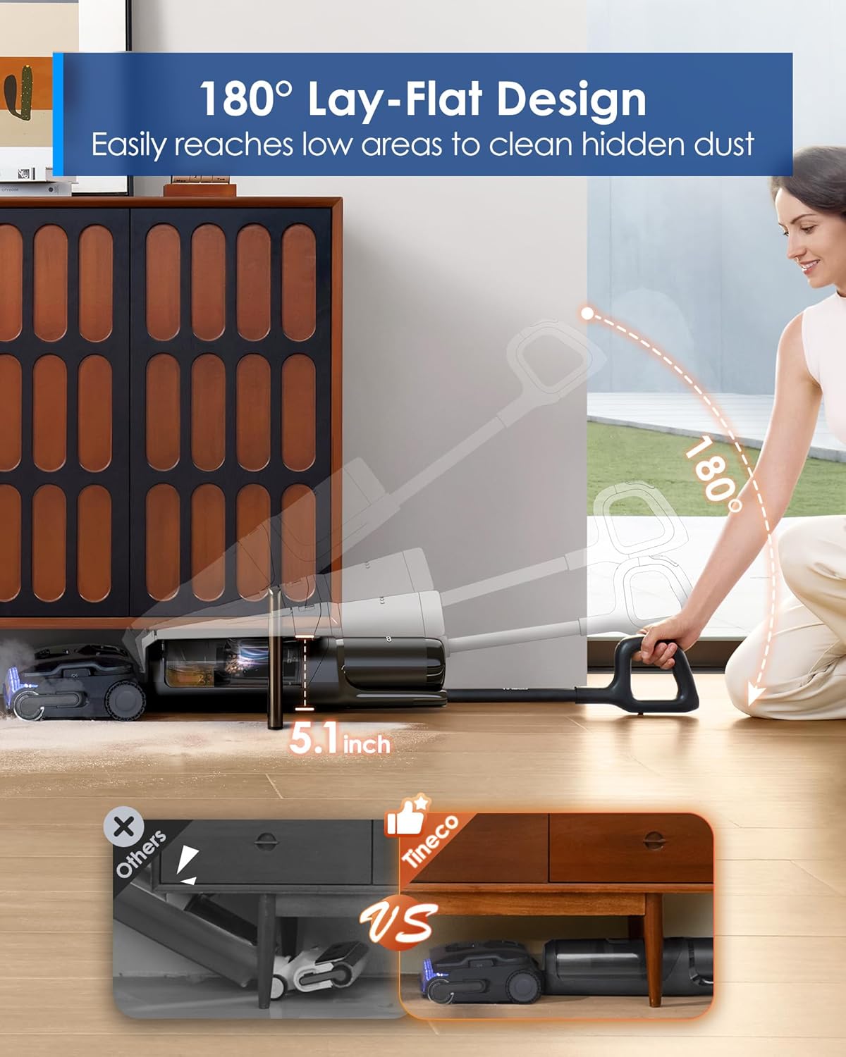 Tineco Floor ONE S7 Stretch Ultra Cordless Wet Dry Vacuum Cleaner, 180°Lay-Flat Anti-Tangle Design, 50 Minutes Runtime, 185℉ Flashdry Self-Cleaning, Dual-Sided Edge Cleaning Floor Cleaner