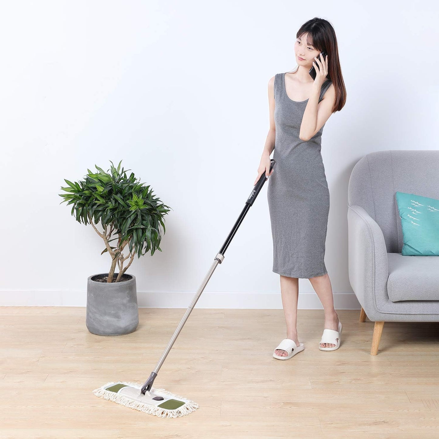 Eyliden Dust Mop with Reusable Washable Pads - One-Touch Pad Release, Height Adjustable Handle, Total 2 Mop Cloths, Wet Dry Mops for Floor Cleaning, Hardwood, Laminate, Tile Floor Push Dust Broom