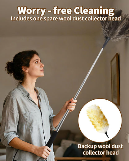 Extendable Ostrich Feather Duster with Bonus Wool Feather Duster Head - Natural Fluffy Non-Slip Handle Feathers Dusters for Cleaning Ceiling Fans, Blinds, Roof Dusting, High Surfaces (18-48 in)