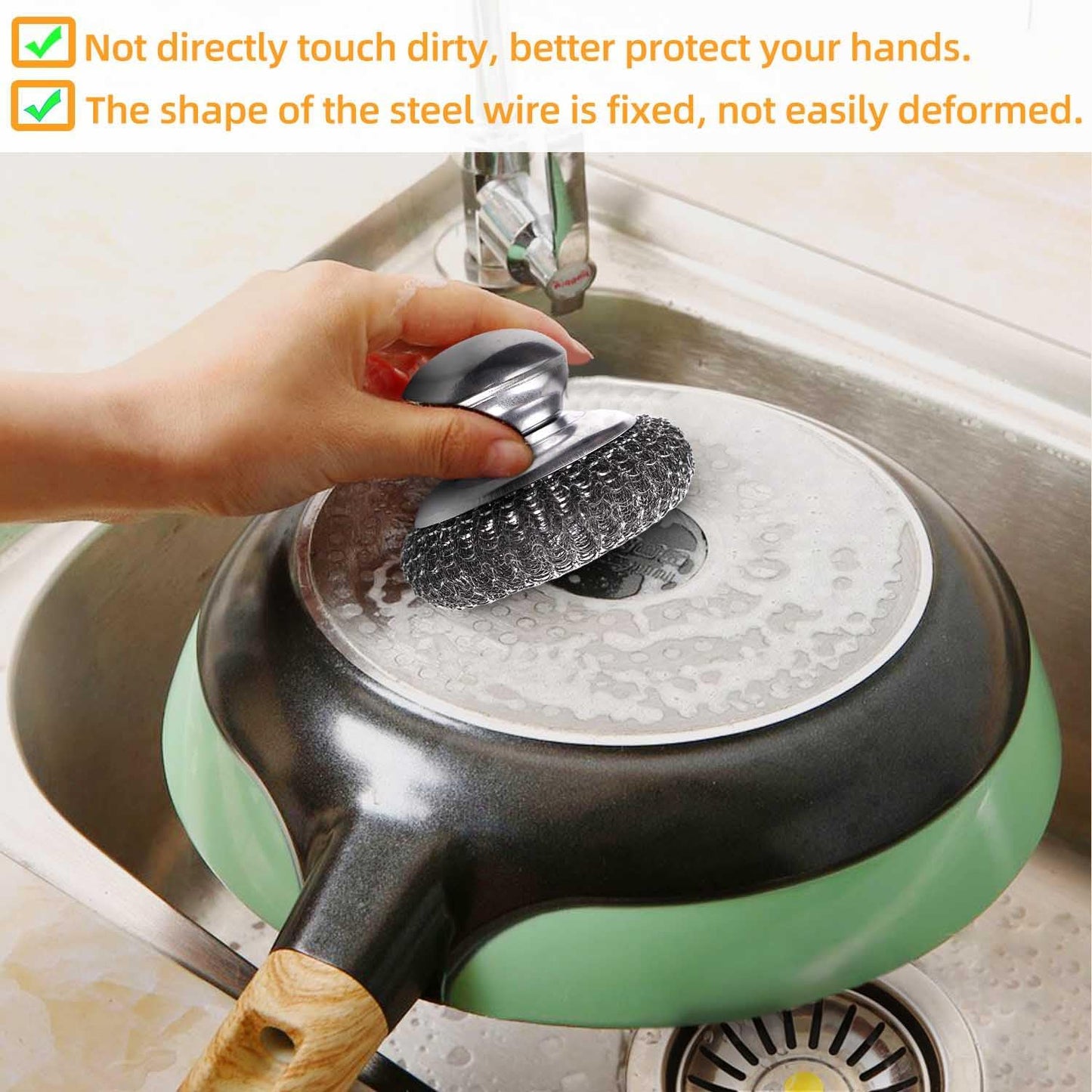 2 Pack Stainless Steel Wool Scrubber with Handle & 2 Pack Replacement Steel Scrubber Wool Pads for Cleaning Iron Pots Dishes Pans Metal Scrubbers for Kitchen Wash Sink Stoves Grills Pot Brush (Silver)