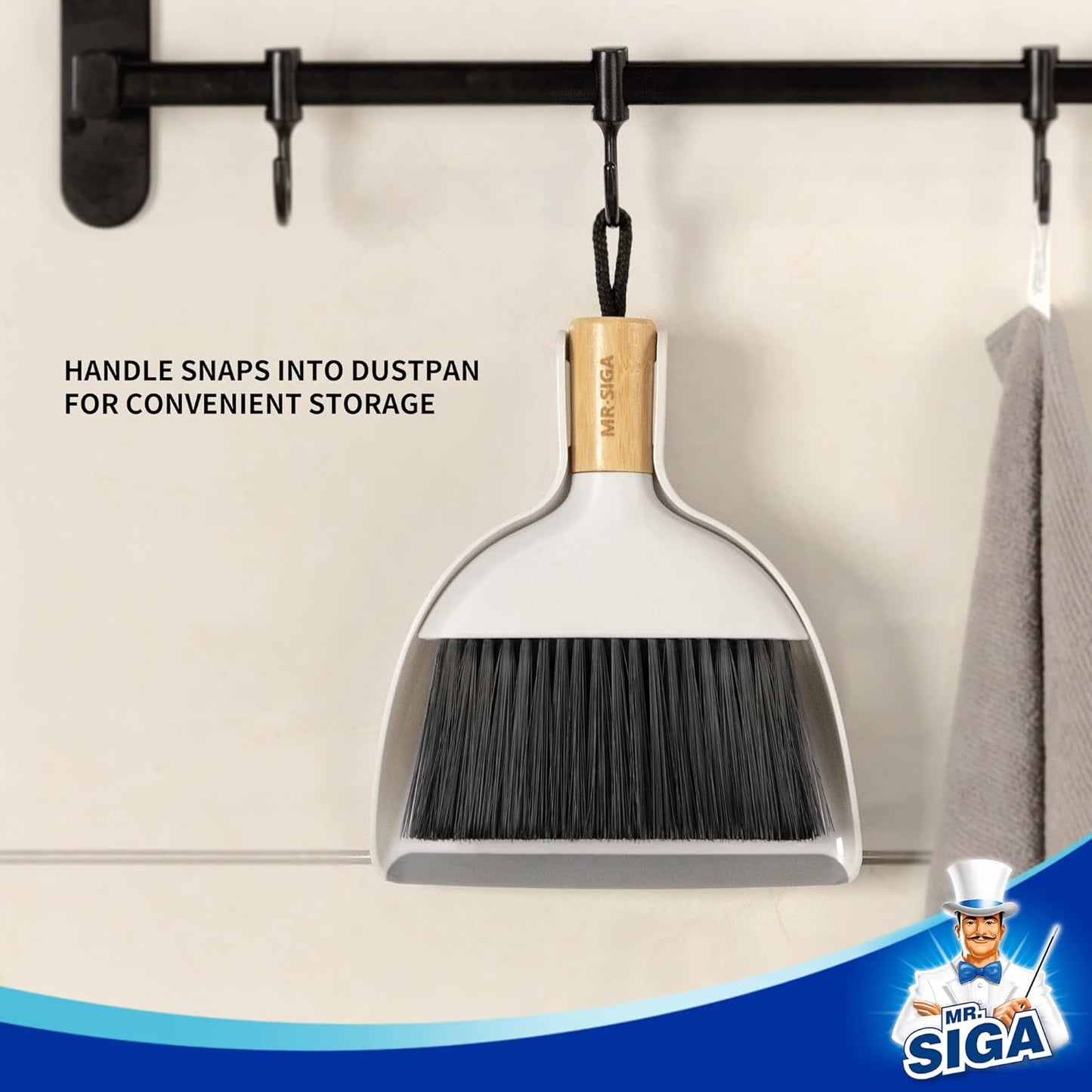 MR.SIGA Mini Dustpan and Brush Set, Portable Cleaning Brush and Dustpan Combo with Bamboo Handle, Black, 1 Set