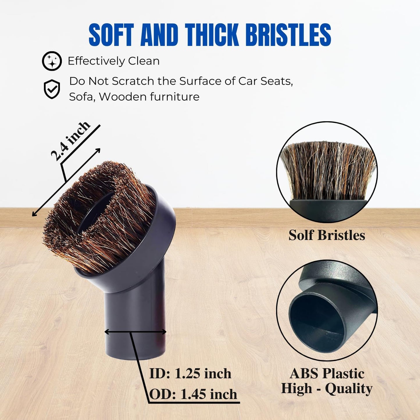 Horse Hair Vacuum Attachment (1.25 Inch) plus 1 3/8'' to 1 1/4'' Vacuum Hose Adapter: Soft Bristle Brush 32mm Vacuum Accessories for Car Detailing, Furniture, Blinds, Air Vents & Delicate Surfaces
