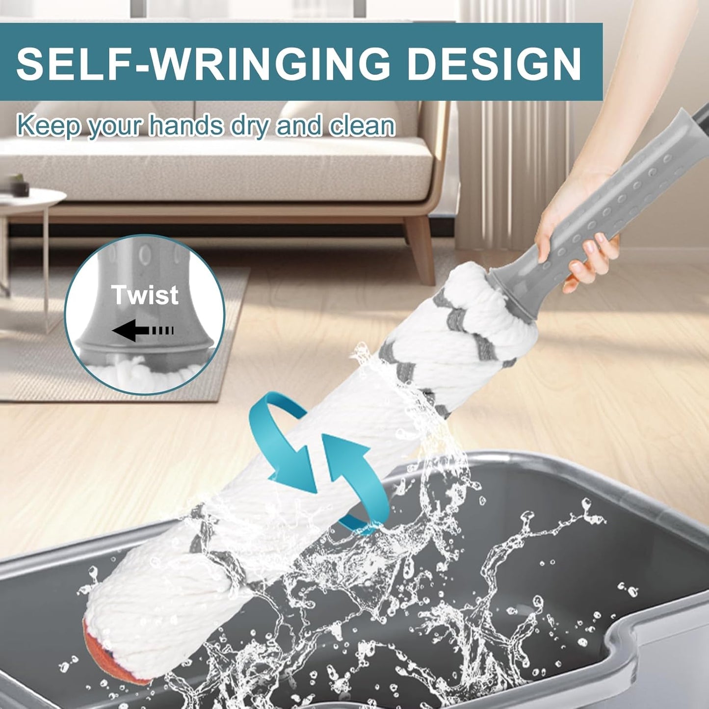 KeFanta Self-Wringing Twist Mop for Floor Cleaning, Long Handled Microfiber Floor Mop with Top Scouring Pad for Kitchen, Hardwood, Restaurant, Bathroom, Garages, Warehouses, Office,57-inch