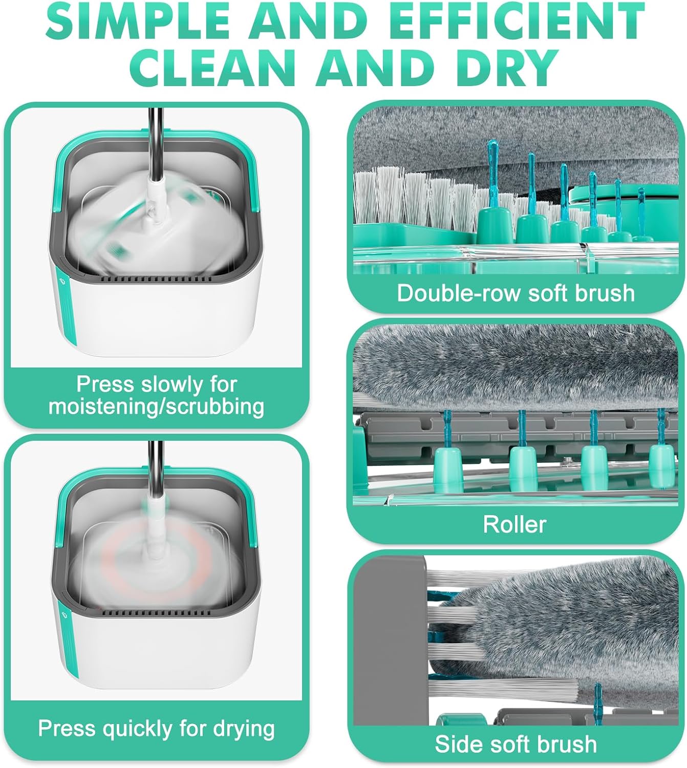 Upgraded Spin Mop and Bucket System Set, Self Separate Clean and Dirty Water, Foldable Square Standing Mop Head with Microfiber Mop Pads, Detachable Bucket (White+Blue, Mop Set with 6PC Pads)