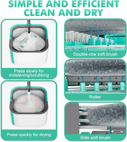 Upgraded Spin Mop and Bucket System Set, Self Separate Clean and Dirty Water, Foldable Square Standing Mop Head with Microfiber Mop Pads, Detachable Bucket (White+Blue, Mop Set with 6PC Pads)