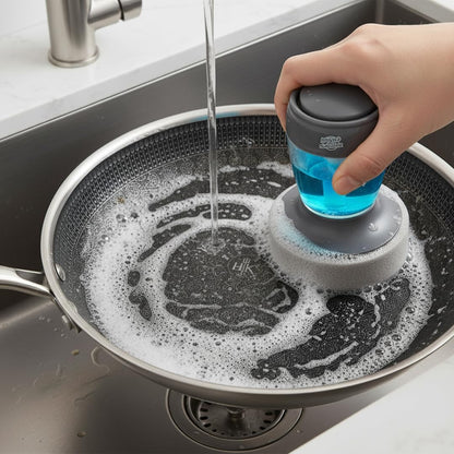 Stainless Steel & Hybrid Cookware Scrub & Polisher with Soap-Dispensing Handle, Dual-Layer DuoPad & Drydock Tray. Refillable, Ergonomic, Safe for All Hybrid and Stainless Steel cookware.