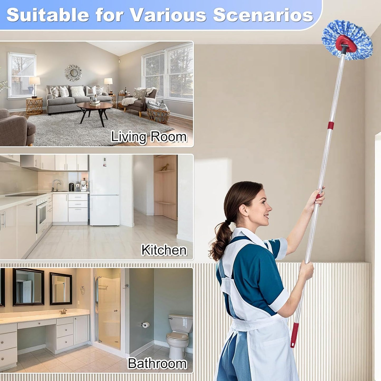 Spin Mop Replace Head, Base, Mop Handle Replacement for OCedar EasyWring 1 Tank System, Include 2 Microfiber Mop Head Replacement, 1 Sturdy Iron 30-58" Mop Handle, 1 Scrubber Head, 1 Spin Base