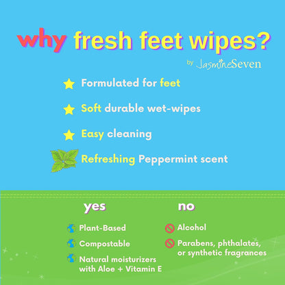 Jasmine Seven Fresh Feet Wipes - Peppermint - 45 Count Resealable Canister (Natural Foot and Body Wet Wipes)